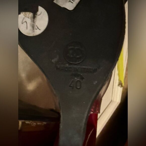 Chanel PVC, silver, & burgundy patent leather platform ankle strap heels. IT 40 - Picture 7 of 12